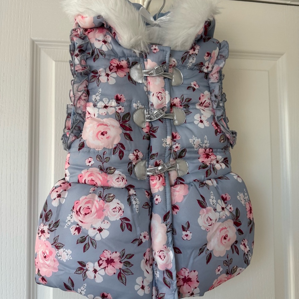 Floral Puffer Vest with Faux Fur Hood- Size 5